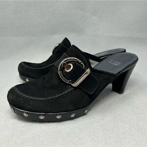 Stuart Weitzman size 6.5 Black Suede Mules Clogs with Silver Buckle